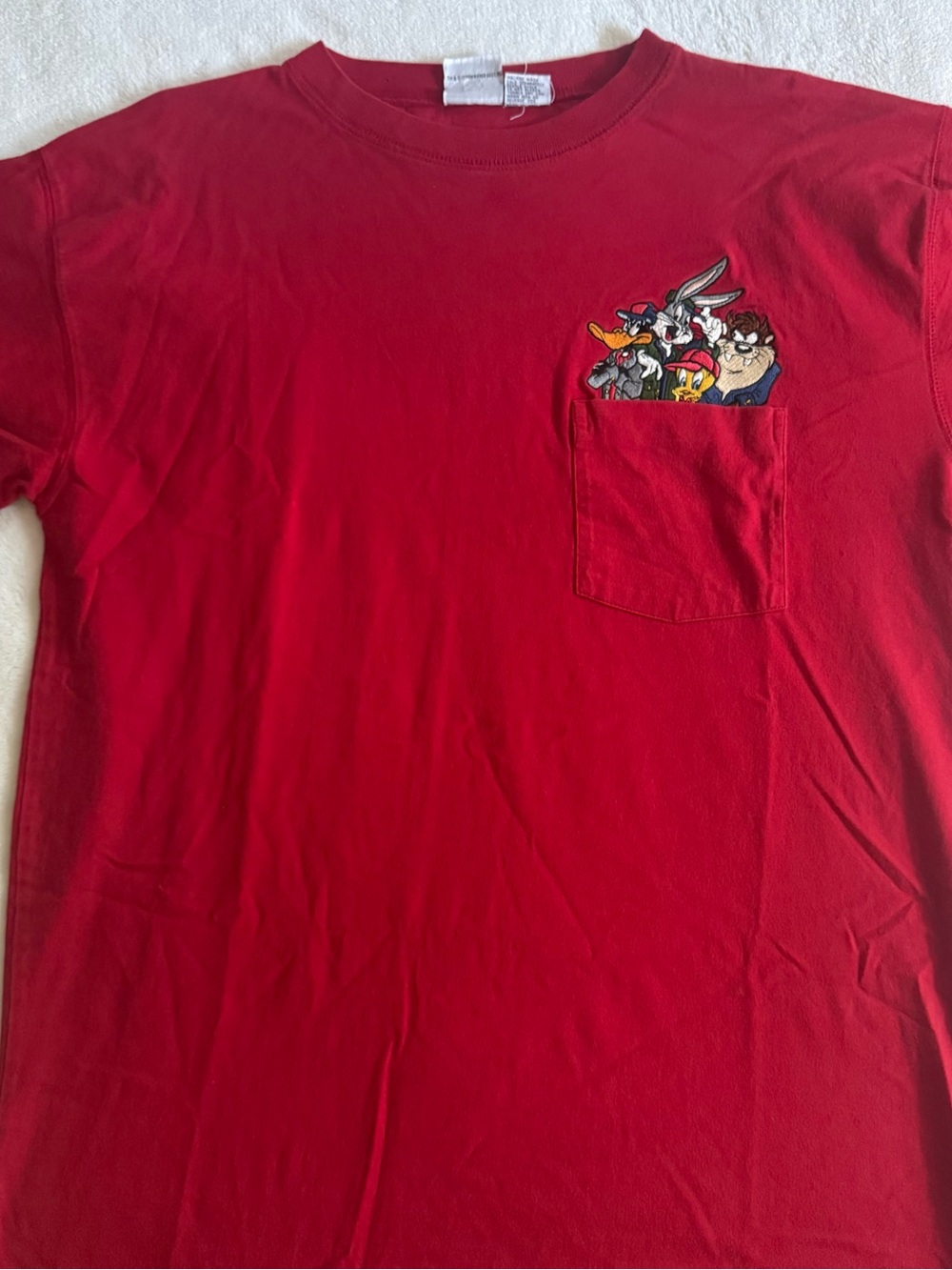 Men’s Vintage 1999 Looney Toons Red Pocket Tee with Cartoon Character Graphic